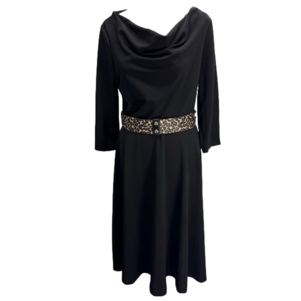 Black Cowl Neck Midi Dress with Animal Print Belt by Danny & Nicole Size 12 NEW